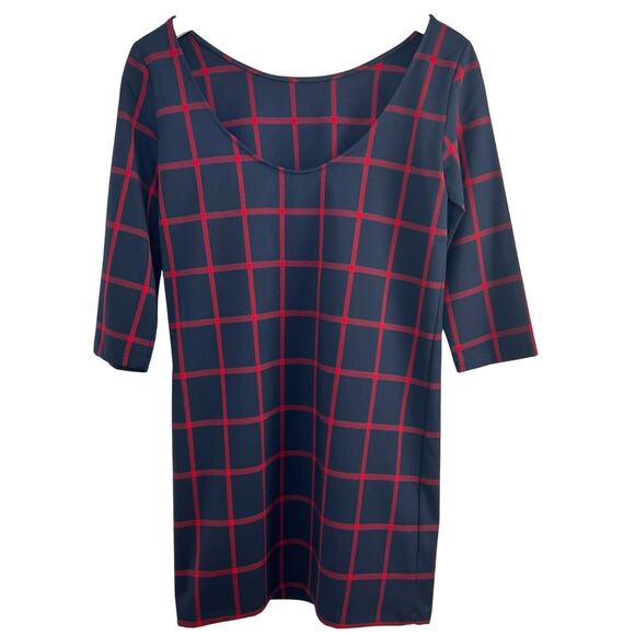 MNG By Mango Womens Size XXS Navy Red Check 3/4 Sleeve Shift Mini Dress NWT - Picture 11 of 14